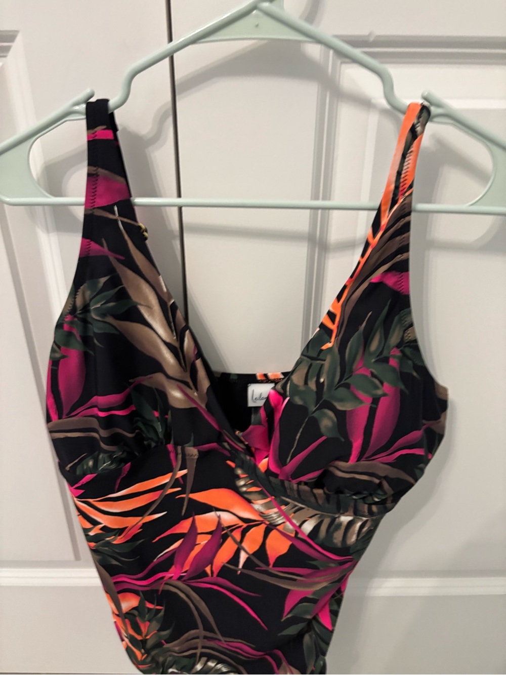 Tropical Print One-Piece Swimsuit - Black with Pink & Orange Leaves